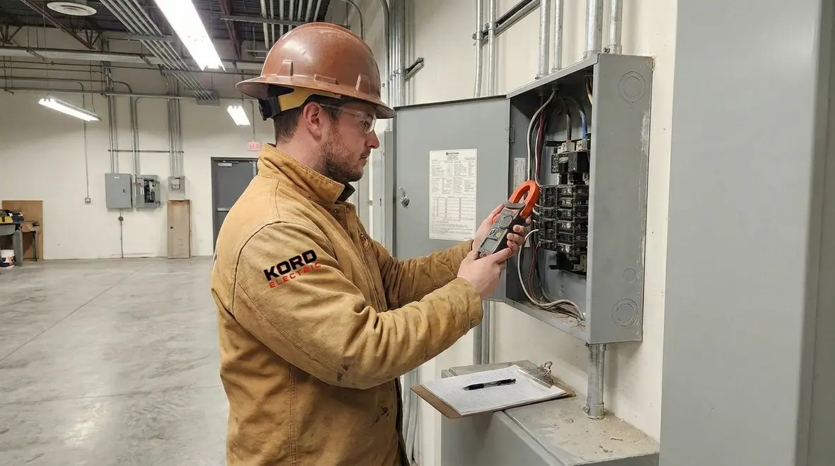 Technician evaluating a commercial electrical subpanel for capacity and future load needs