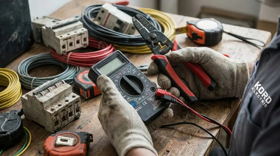 Commercial electrician installing breakers and conductors in a subpanel