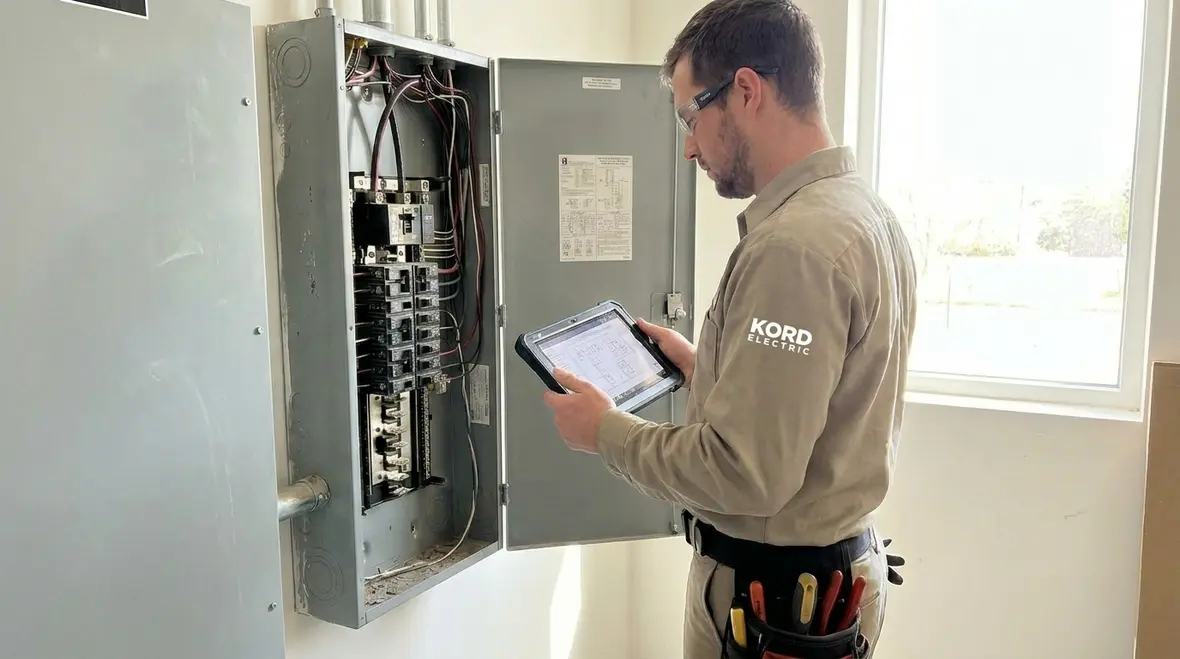 Commercial electrician reviewing subpanel load planning and layout