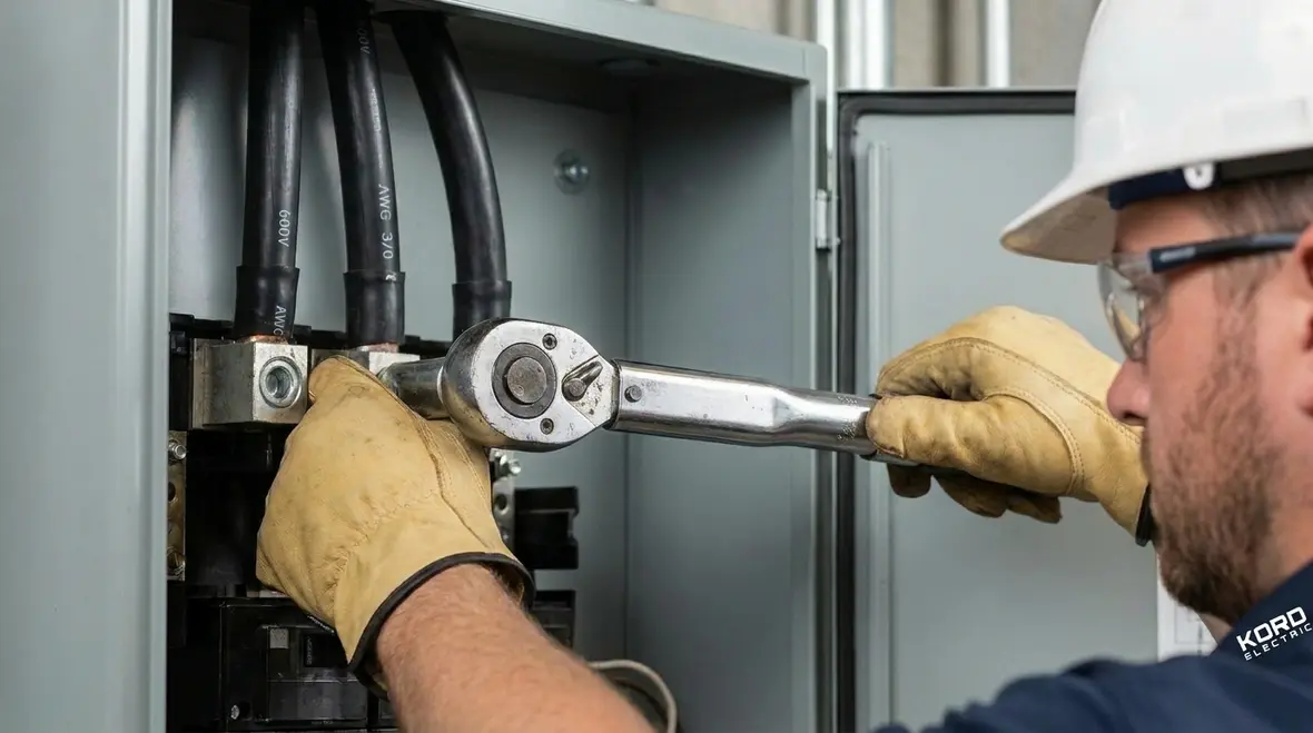 Electrician installing commercial subpanel feeder and grounding system
