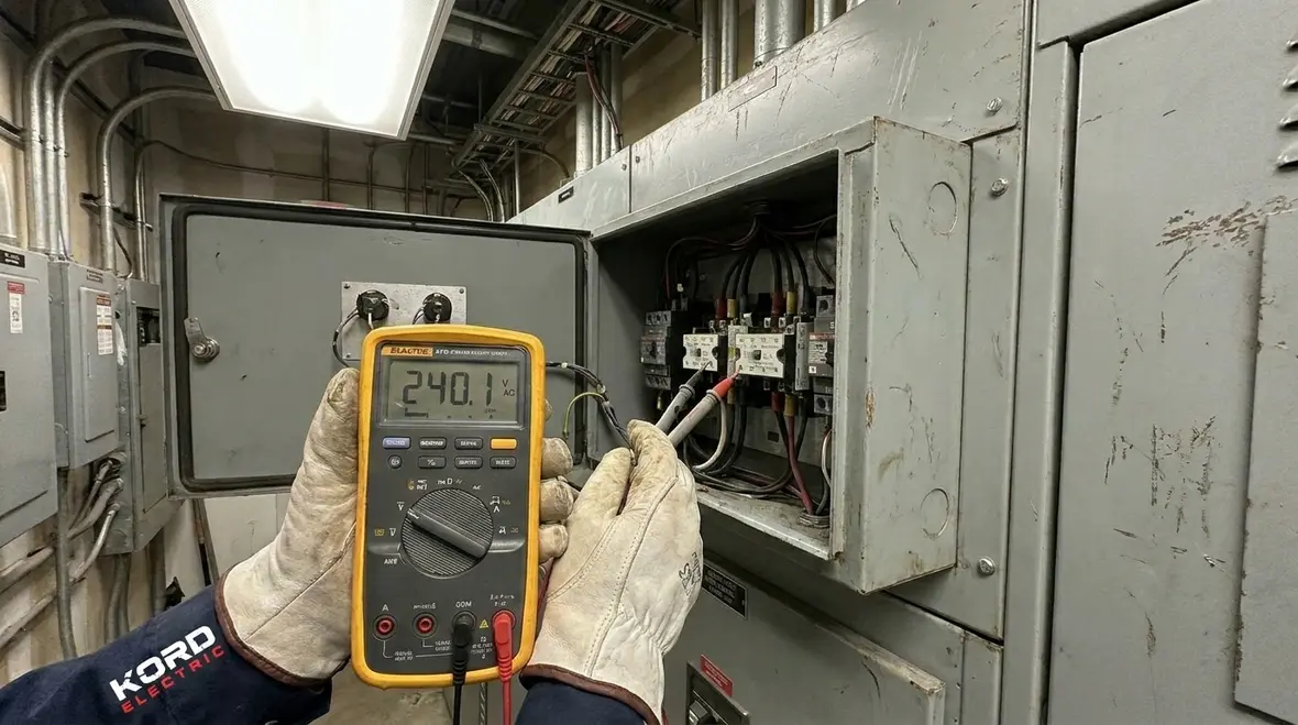 Licensed commercial electrician performing advanced electrical troubleshooting on switchgear