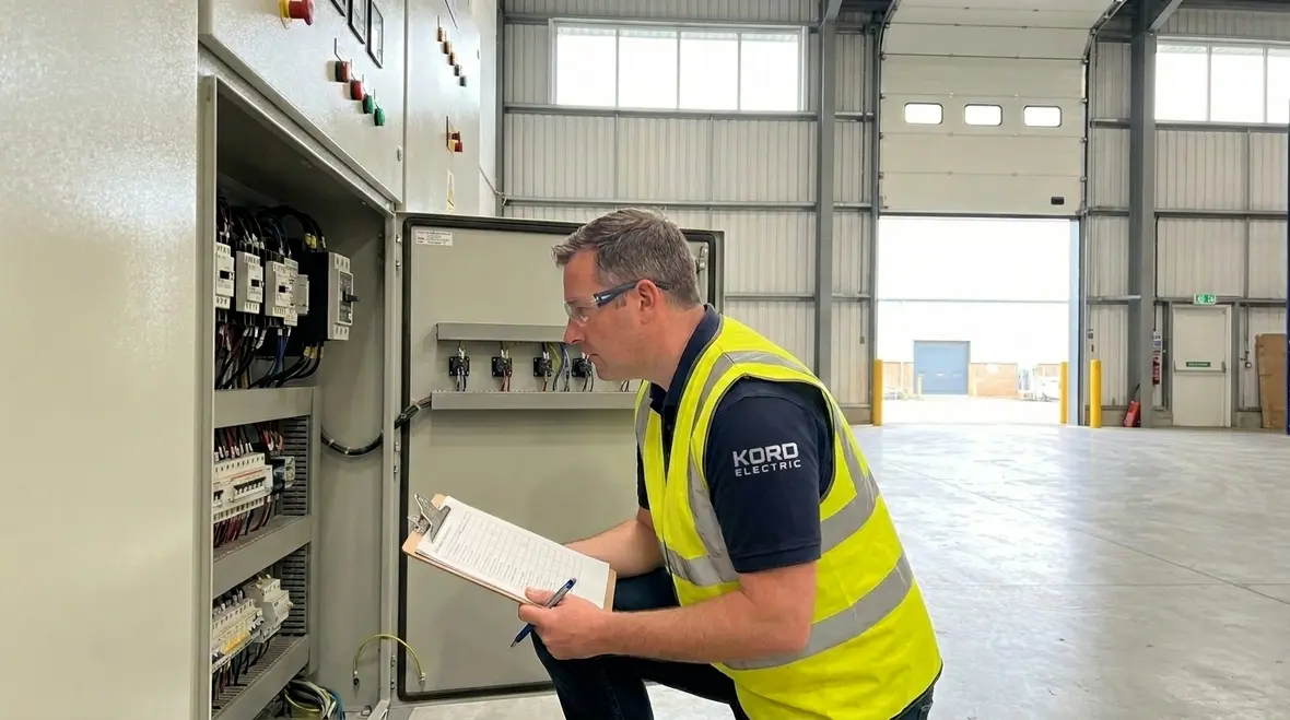 Technician using a commercial electrical troubleshooting checklist in a facility electrical room