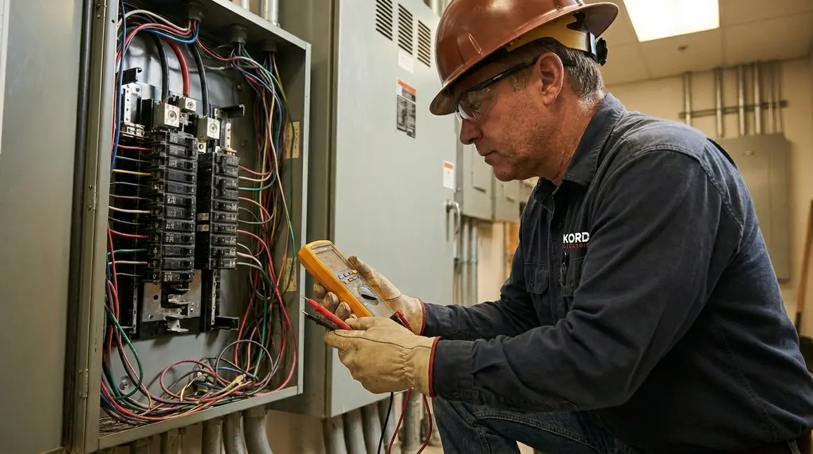Technician performing commercial electrical troubleshooting for downtime reduction in a mechanical room