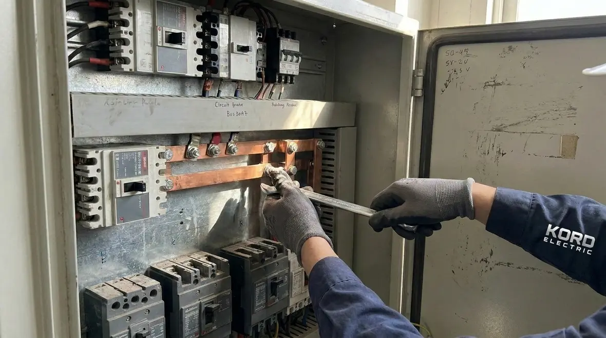 Electrician following a commercial electrical troubleshooting guide inside a service room