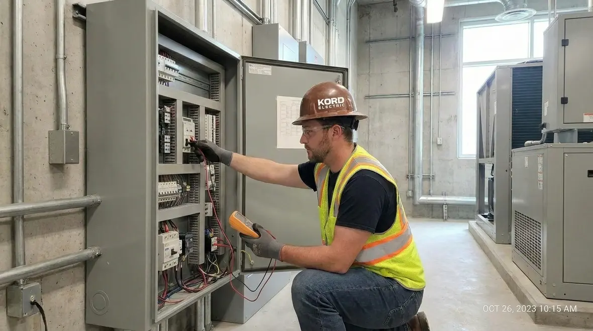 Electricians reviewing a commercial electrical wiring safety upgrade plan