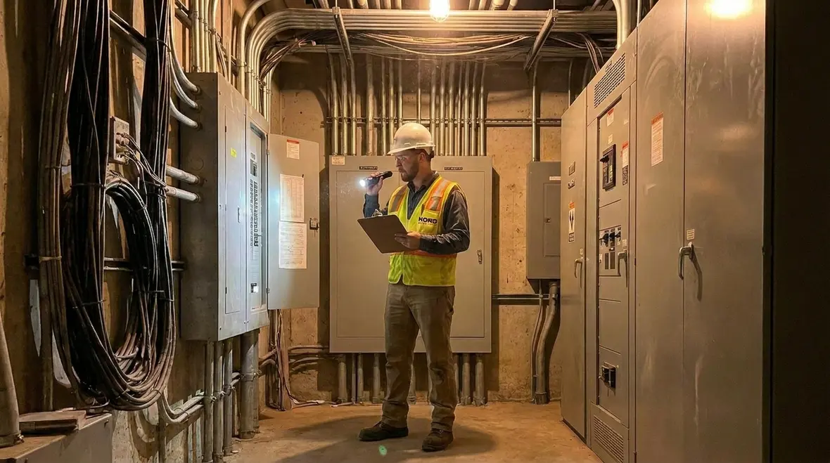 Technician performing a commercial electrical site assessment