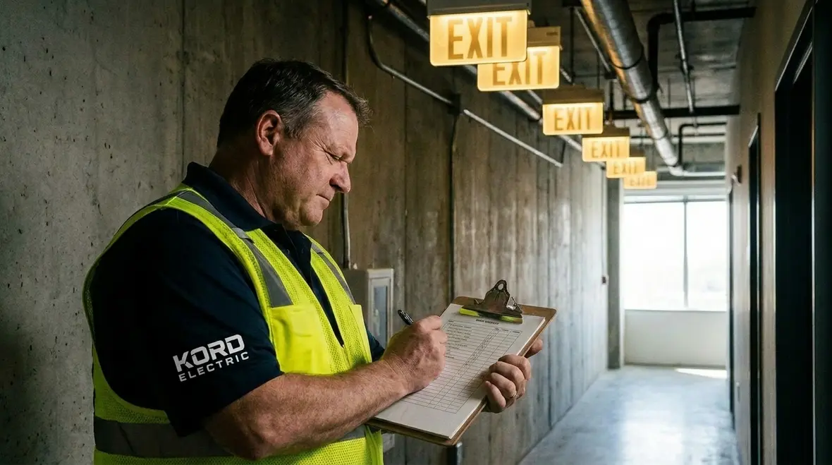 Maintenance team reviewing emergency lighting test reports from Kord Electric