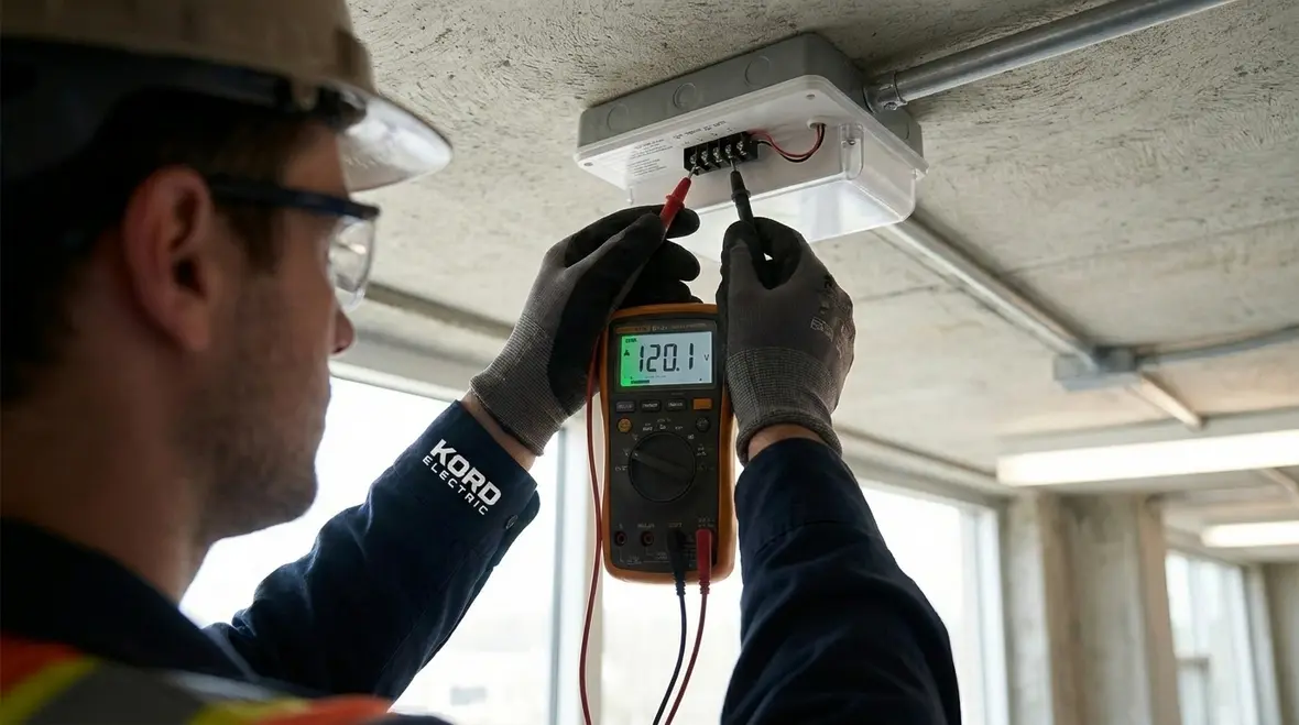 Close up of emergency lighting unit components during inspection