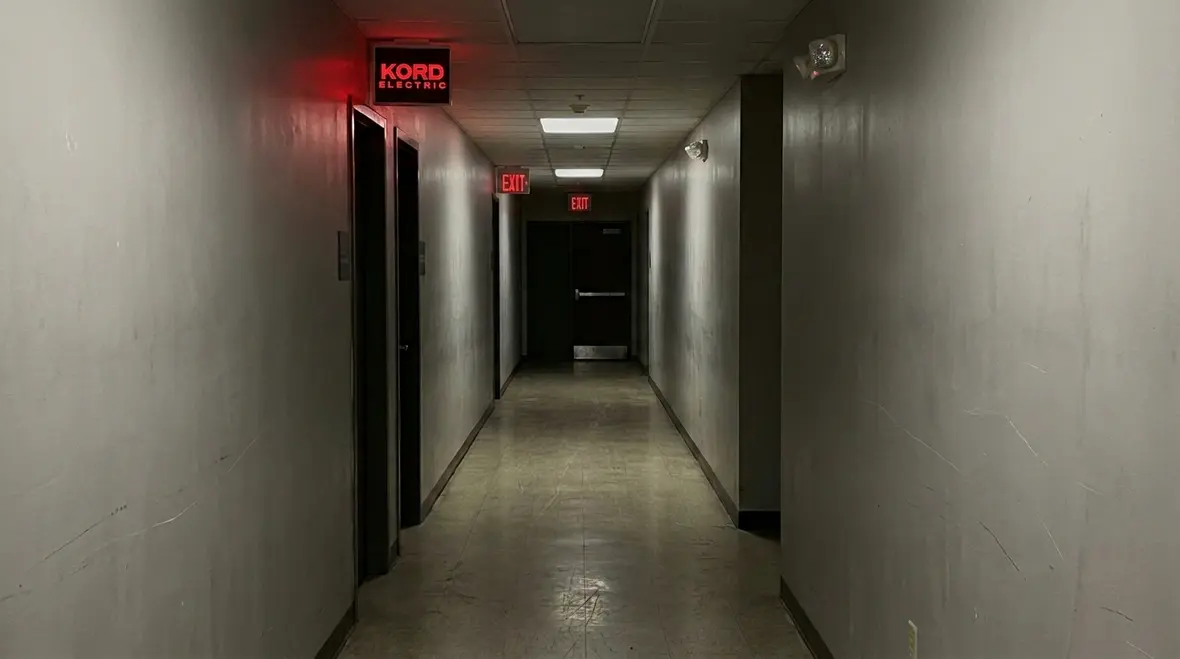 Technician performing commercial emergency lighting testing in a building corridor