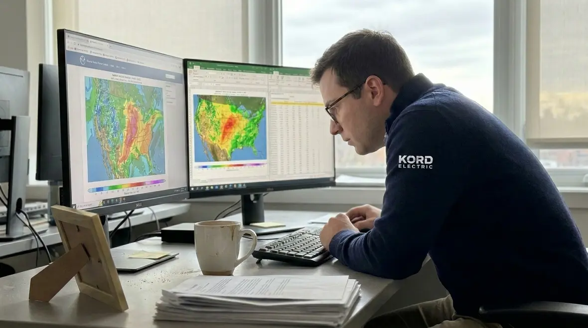 Technicians reviewing commercial energy load management data in a facility