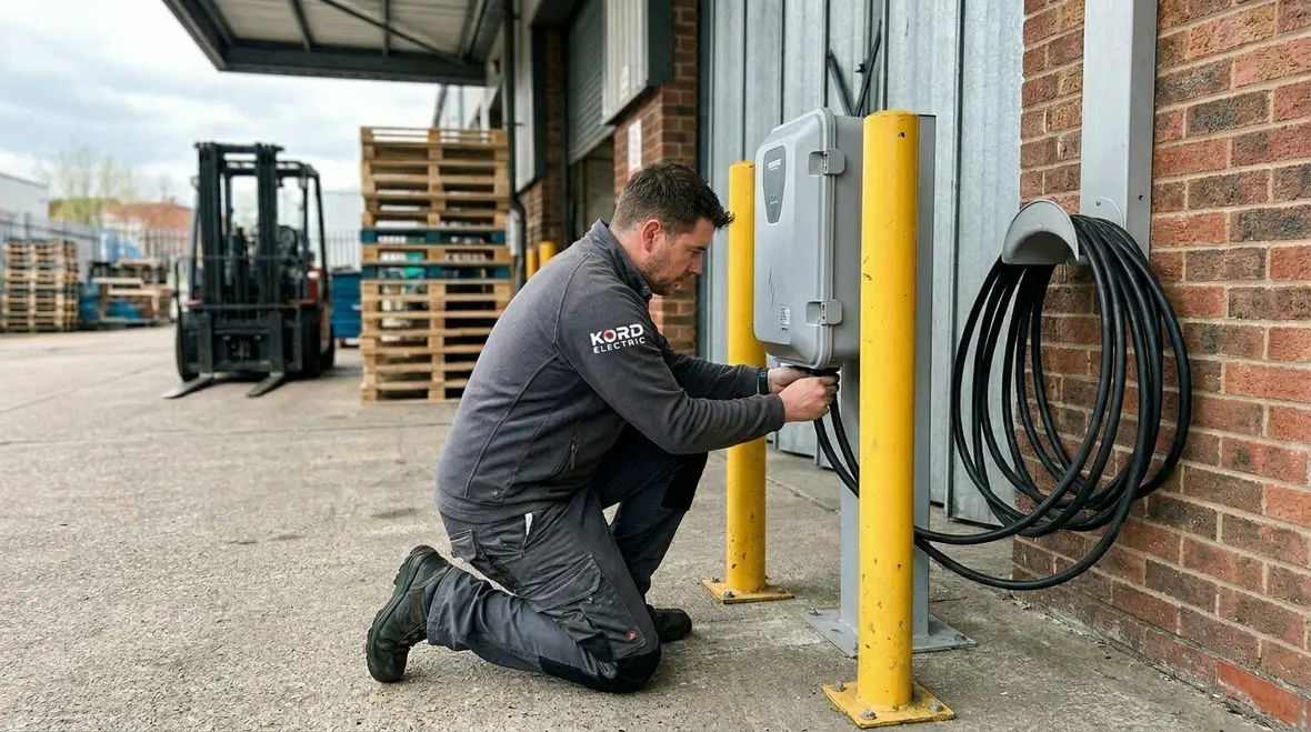 Technicians assessing a commercial EV charging site layout