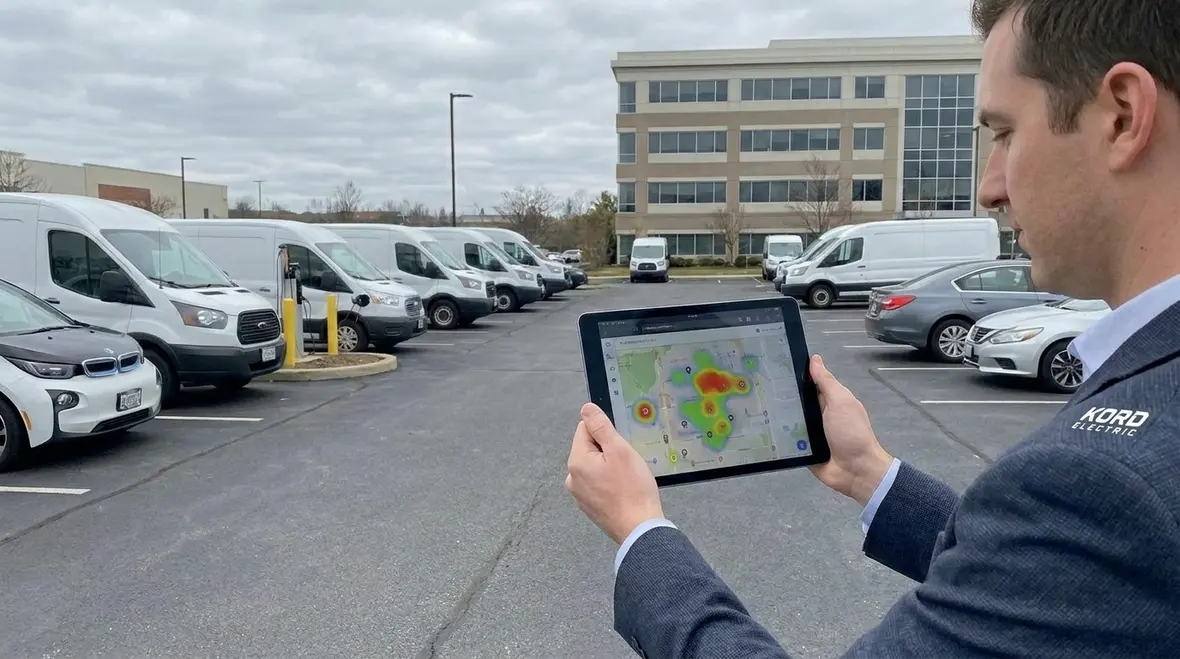 Electricians reviewing commercial electrical panels for EV charging capacity
