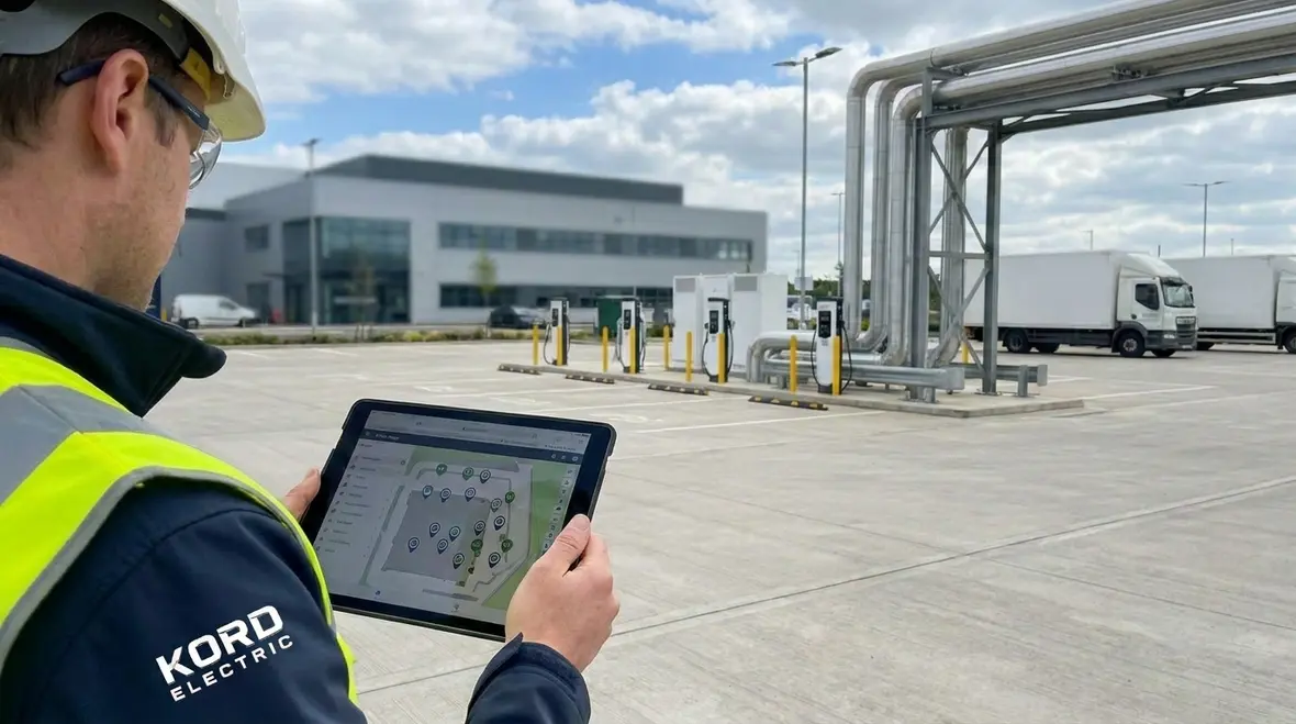 Commercial EV charging stations in a business parking lot