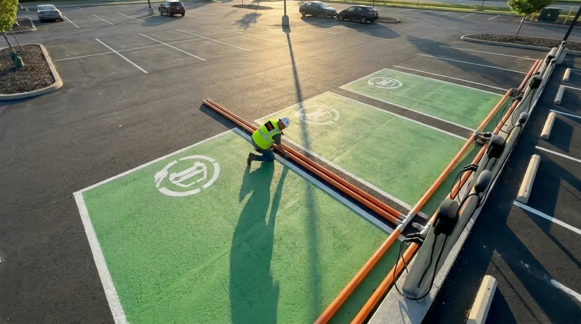 Outdoor EV chargers integrated into a commercial property layout
