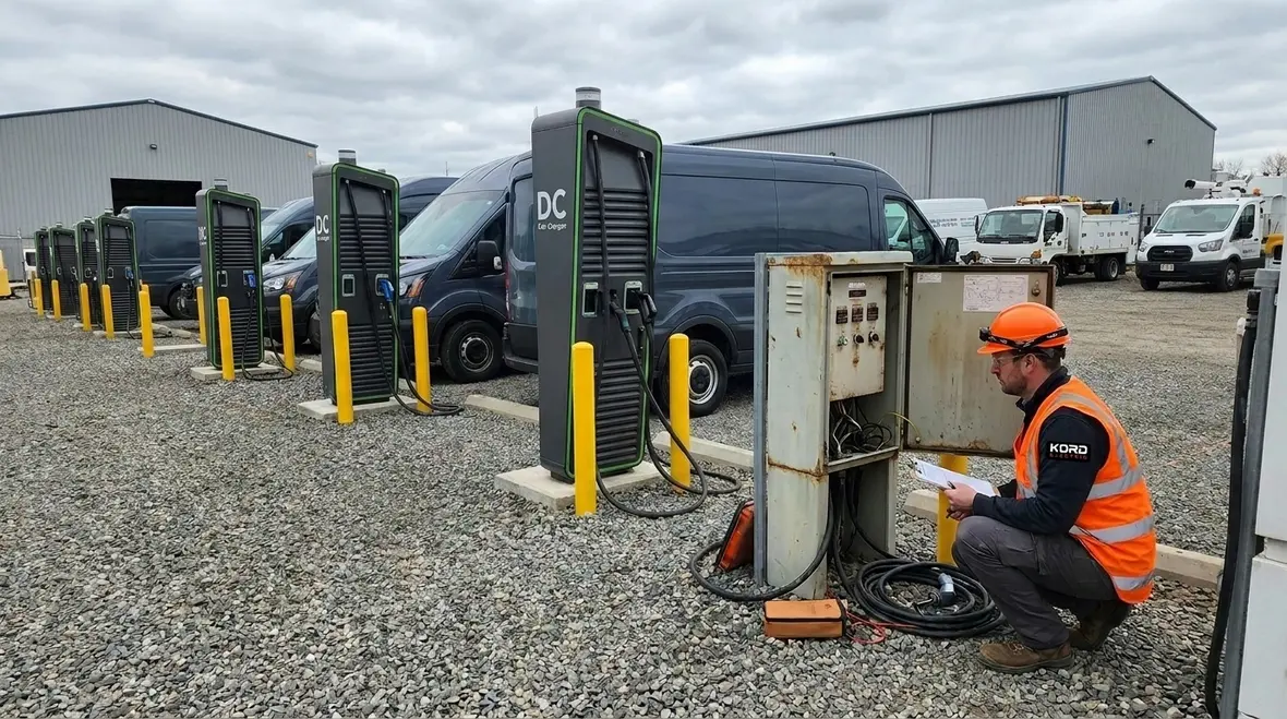 Technicians reviewing commercial EV charging infrastructure design plans on site