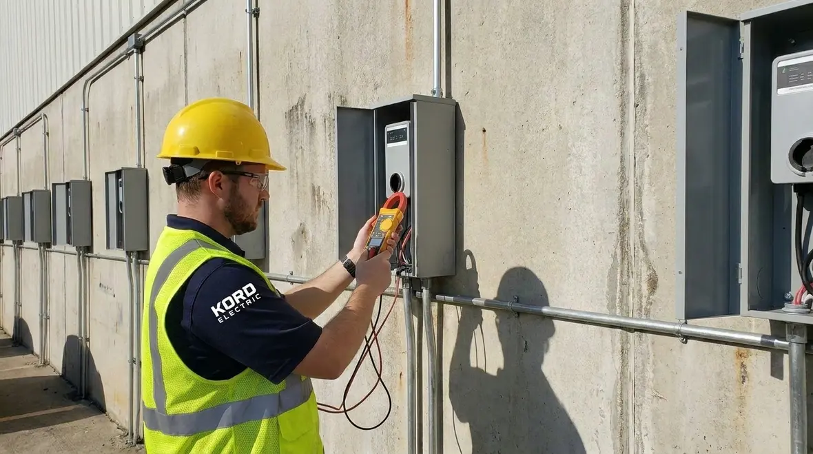 Commercial EV chargers installed at an industrial facility parking area