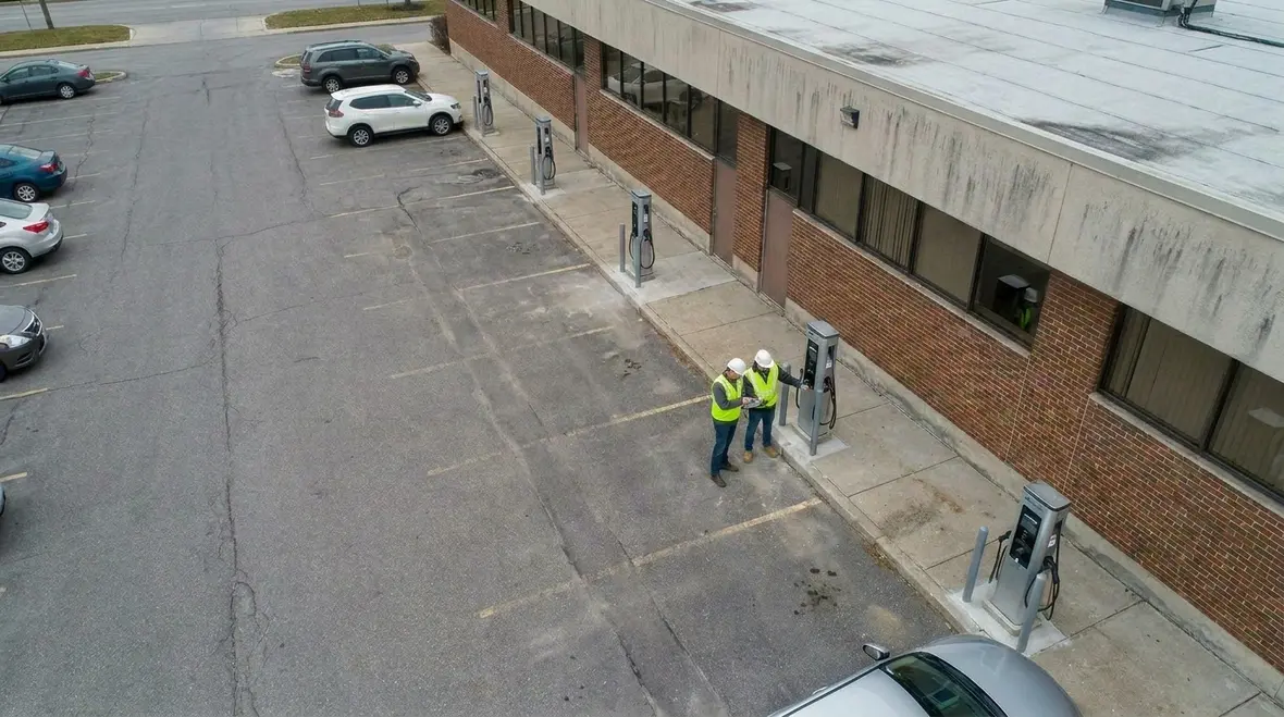 Facility manager reviewing commercial EV charging infrastructure planning layout