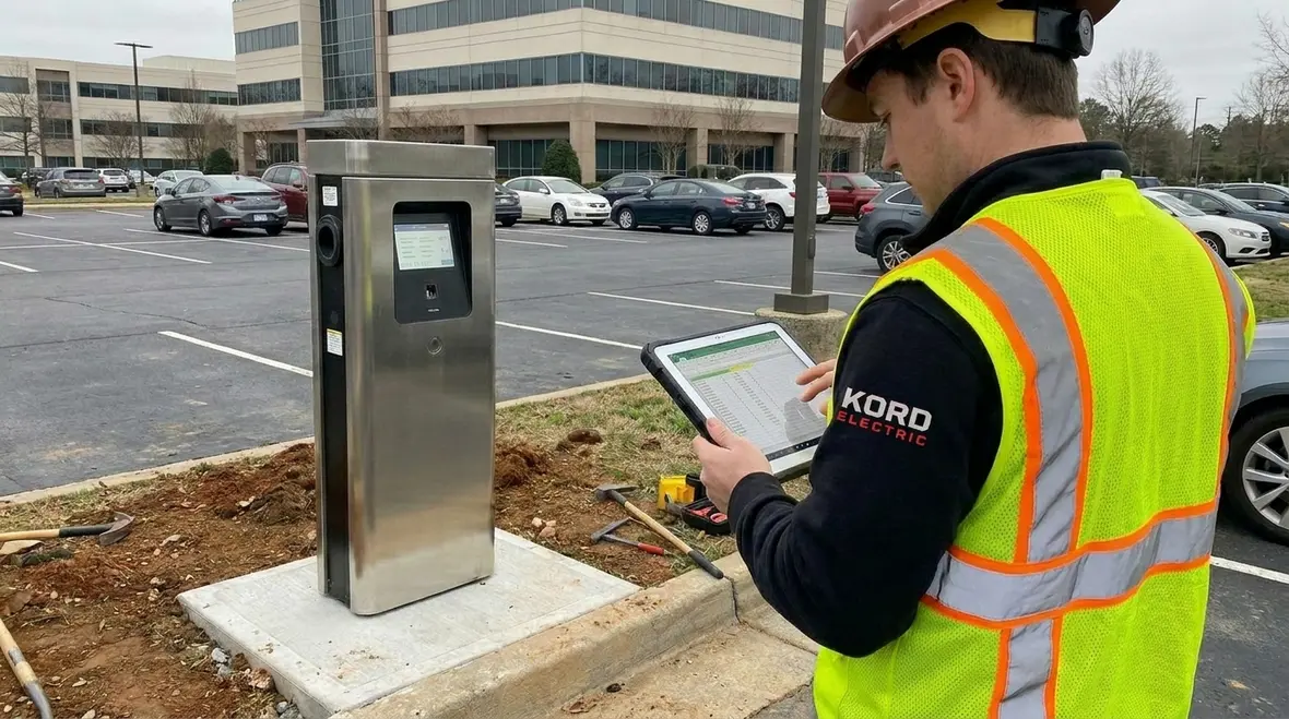 Technicians reviewing commercial EV charging station installation costs on site