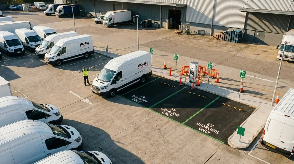 Commercial EV fleet vehicles charging at a business site