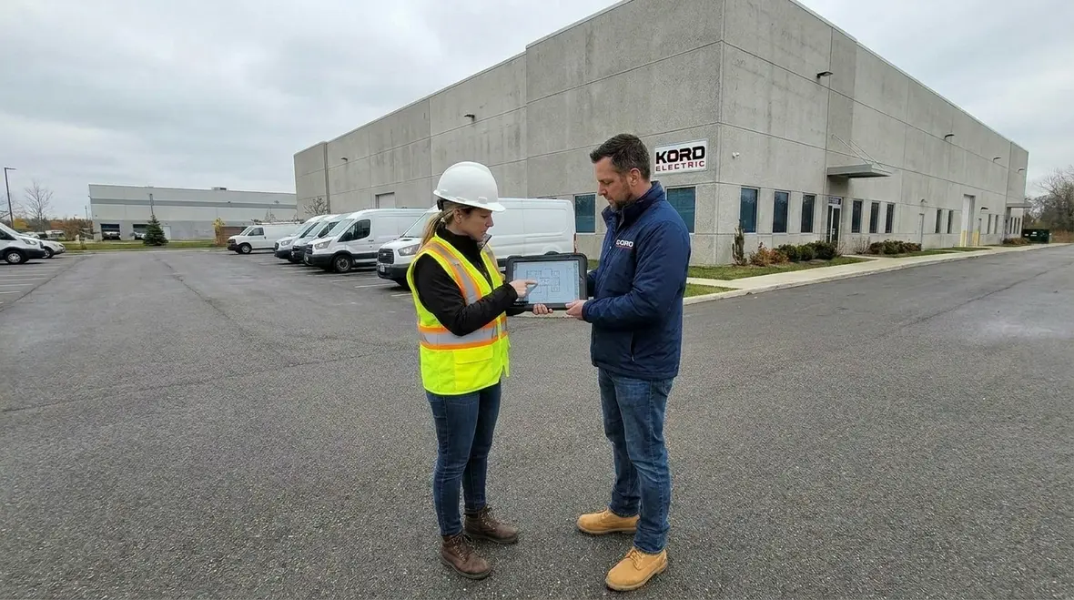 Technicians reviewing commercial EV fleet infrastructure load calculations on site