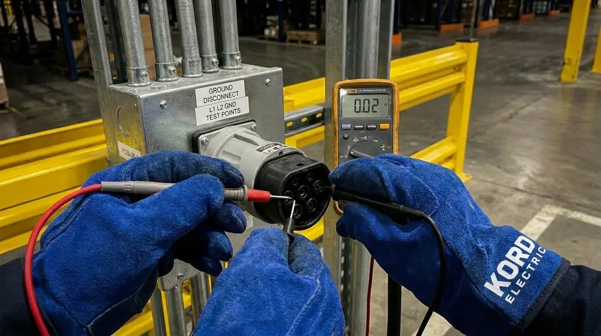 Preventive maintenance technician inspecting commercial EV charging equipment and panels
