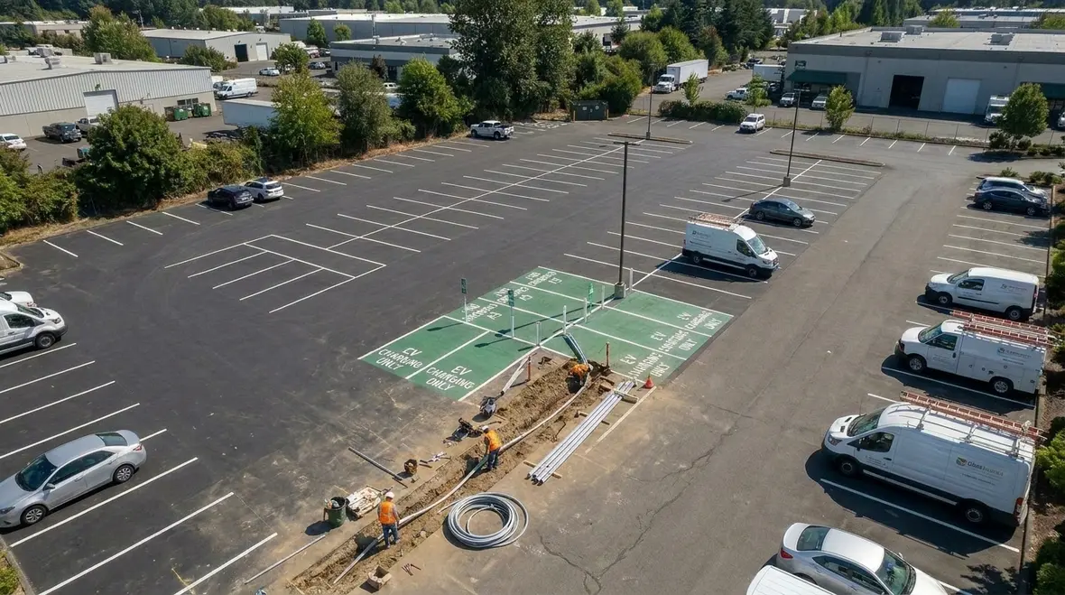 EV charging stations installed with safety, labeling, and code compliance in a commercial lot