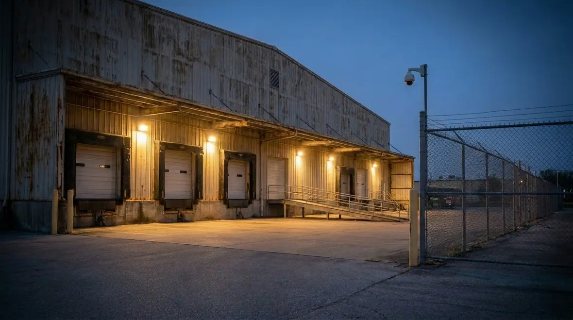 Well-lit industrial loading docks and perimeter fencing at night
