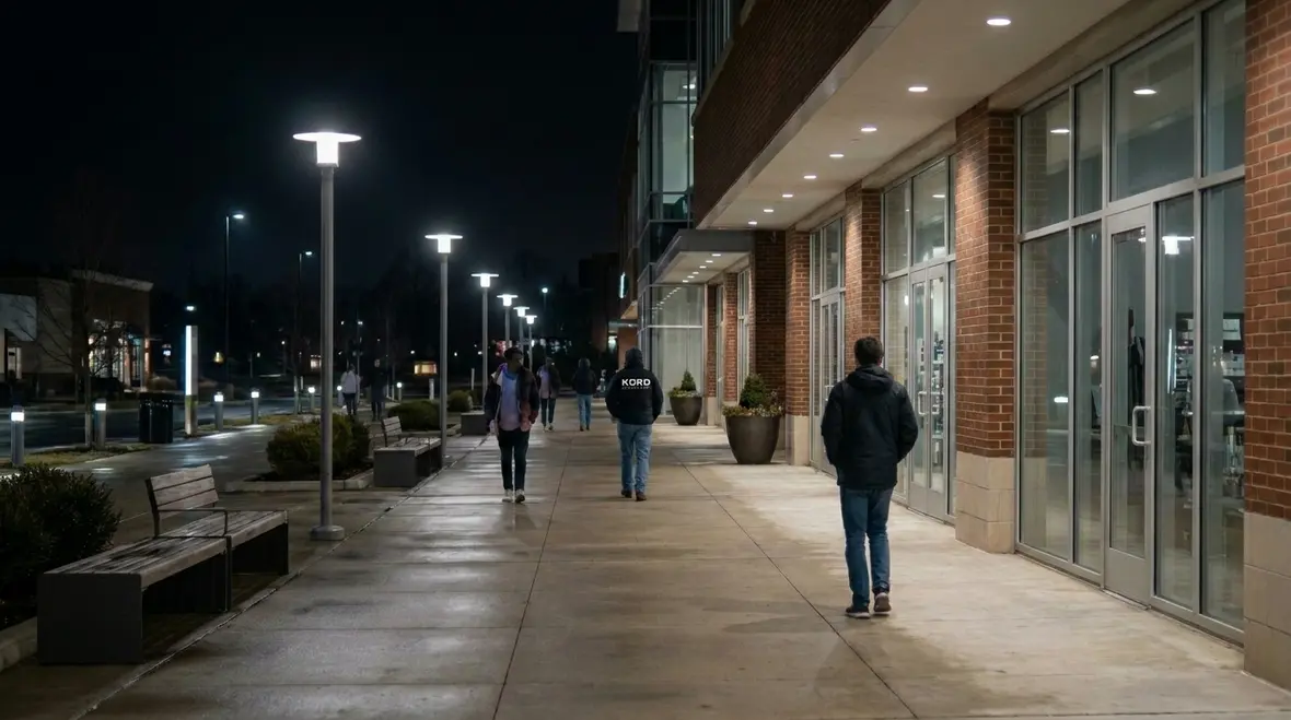 Commercial exterior lighting design illuminating a secure facility perimeter at night