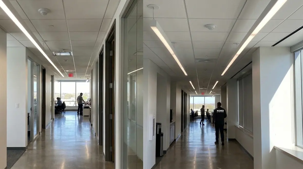 Technician configuring smart commercial lighting control integration in a modern facility