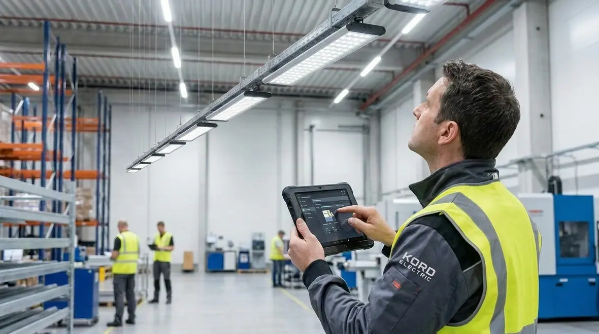 Technicians reviewing a commercial lighting control interface in an office