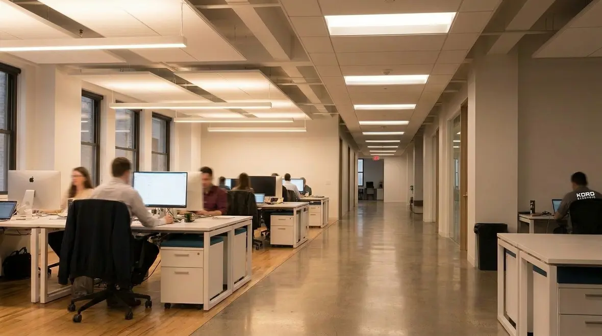 Technician configuring commercial lighting control systems in a facility corridor