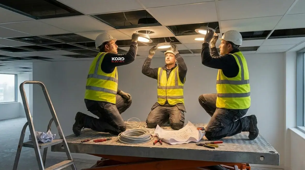 Kord Electric technicians commissioning a commercial lighting control retrofit