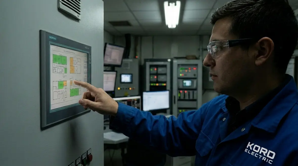 Technicians configuring commercial lighting controls for energy savings