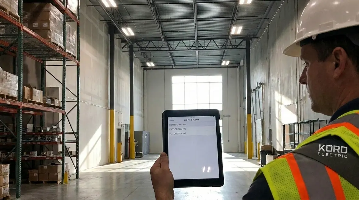 Facilities team reviewing intelligent lighting control dashboards