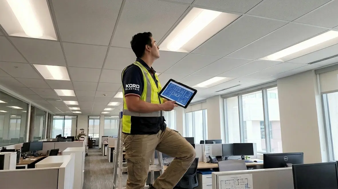 Technicians performing a commercial lighting energy efficiency audit inside a large facility