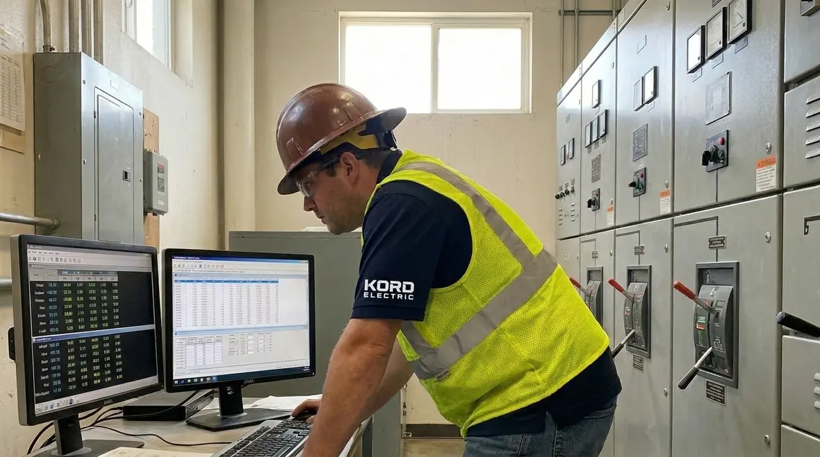 Technicians reviewing commercial load balancing readings in an electrical room