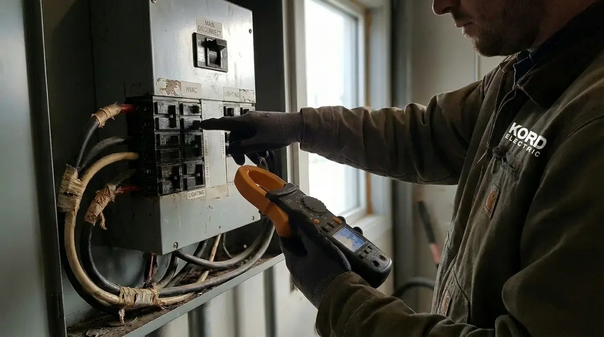 Industrial electrical panel with breakers being inspected for overloads and nuisance tripping