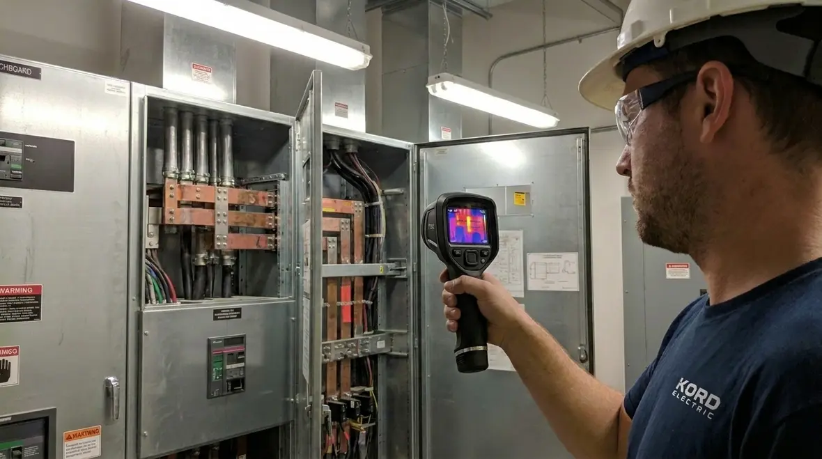 Technician performing commercial power distribution troubleshooting on an industrial switchboard