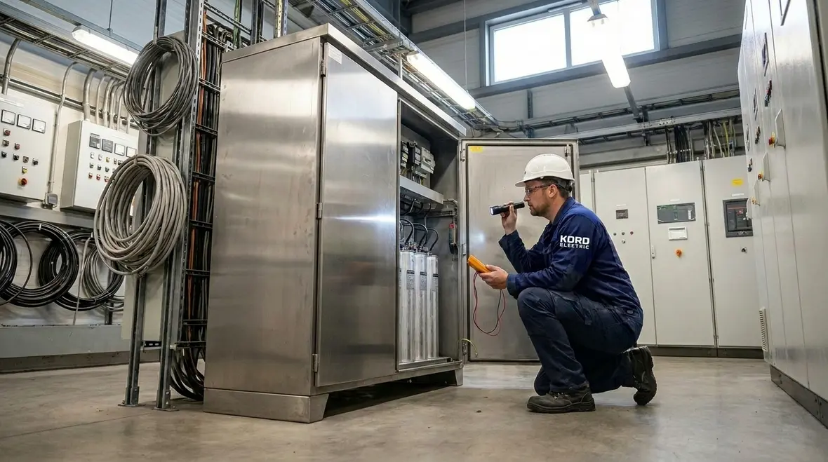 Commercial electrician configuring a power factor correction cabinet