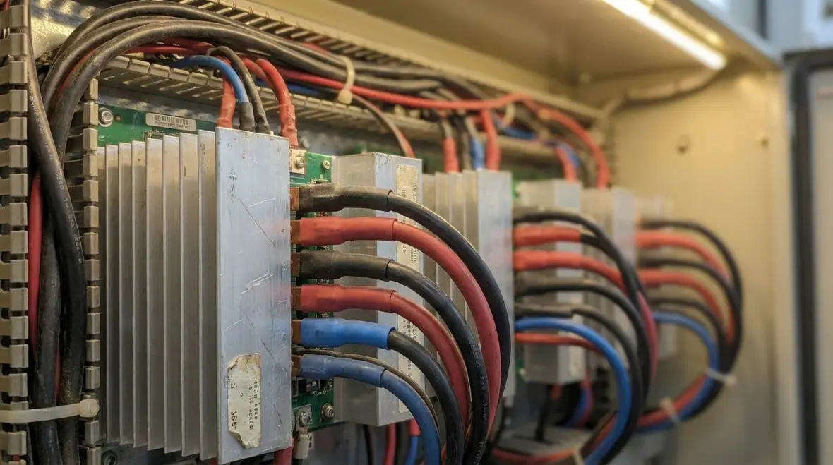 Technician reviewing commercial power factor correction readings on a meter