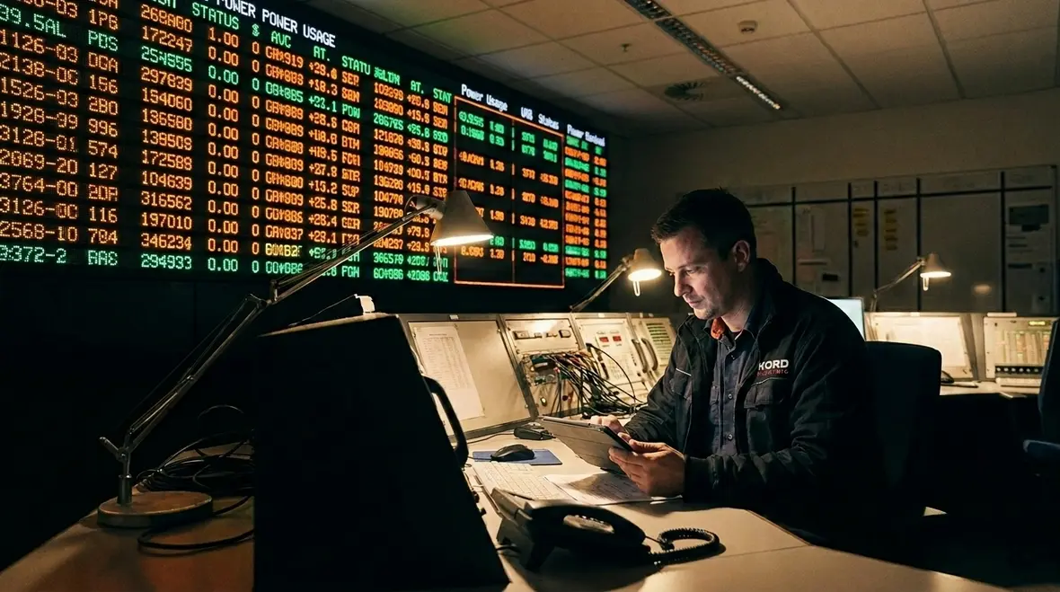 Technician reviewing commercial power monitoring dashboards in a control room