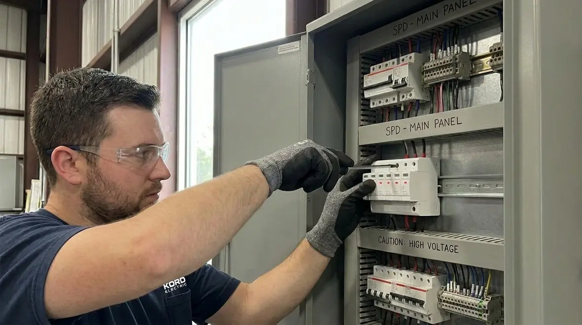 Technician reviewing commercial power surge protection solutions at a service entrance