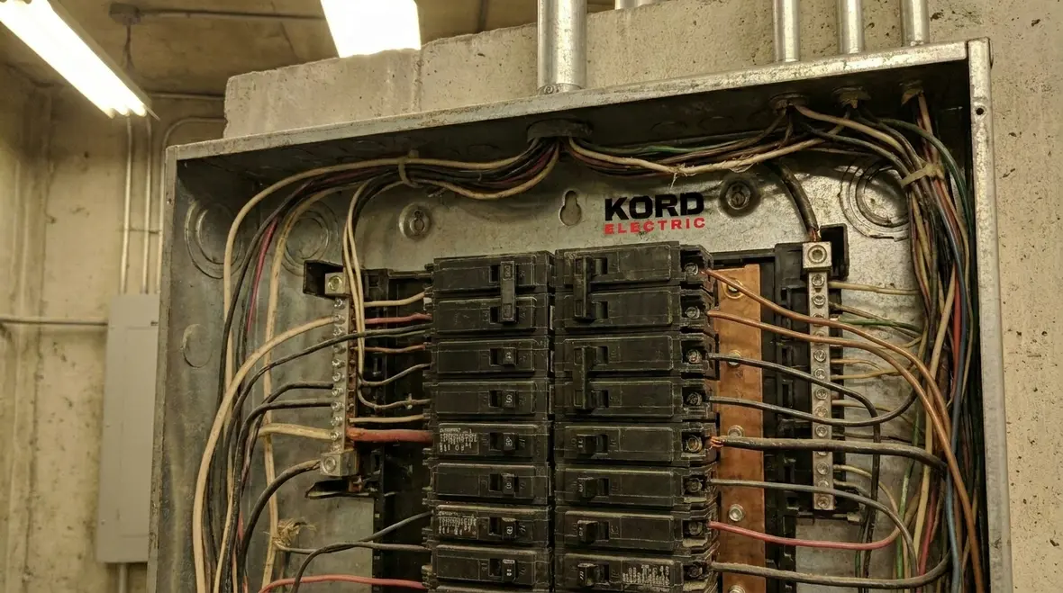 Commercial electricians reviewing a subpanel capacity layout