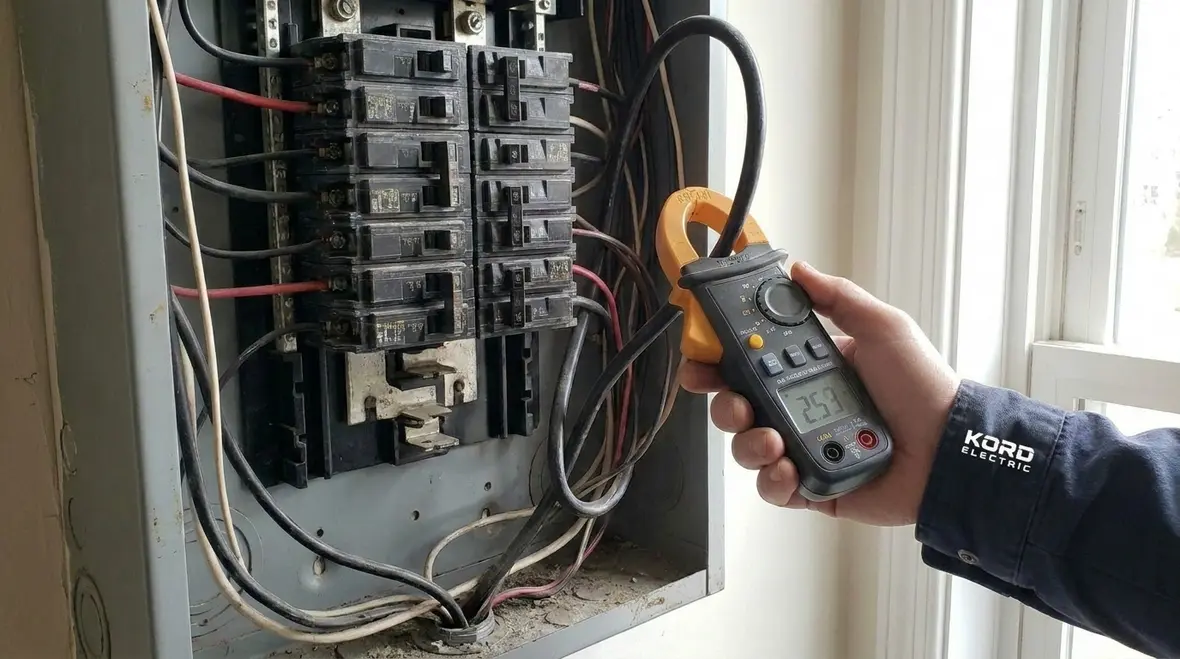 Electrician inspecting a commercial subpanel in a busy facility