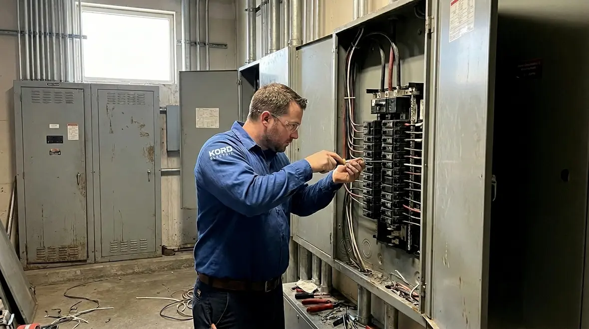 Electrician reviewing a commercial subpanel load balancing plan