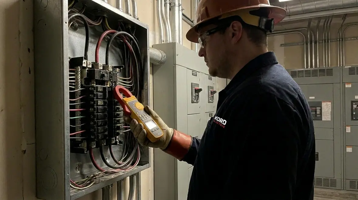 Technician reviewing commercial subpanel load management capacity in an electrical room