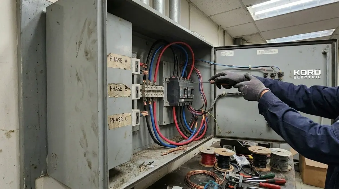 Electrician balancing phases inside a commercial subpanel for load management