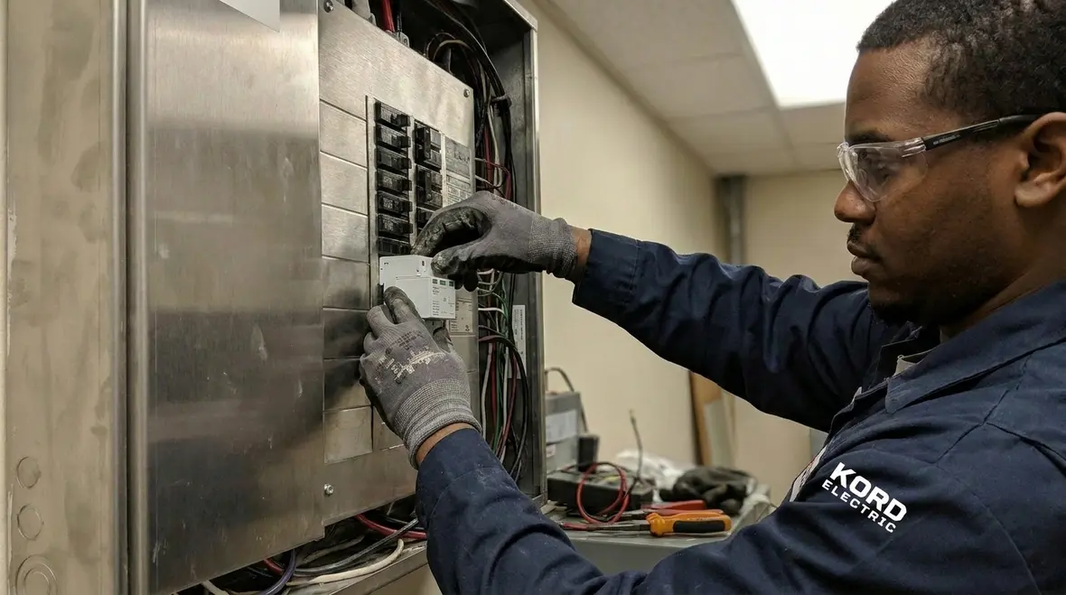 Technician installing commercial surge protection in an electrical room