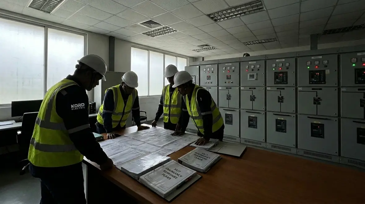 Technicians reviewing a critical infrastructure electrical emergency response plan for a commercial facility