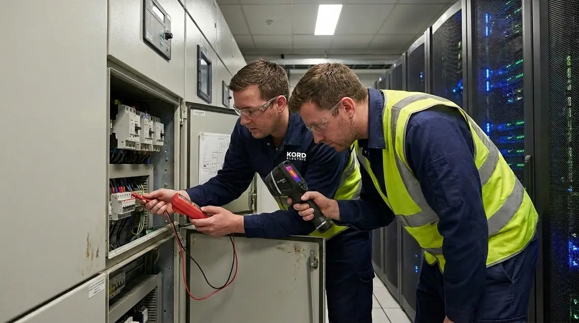 Technicians performing critical infrastructure electrical reliability testing on commercial switchgear